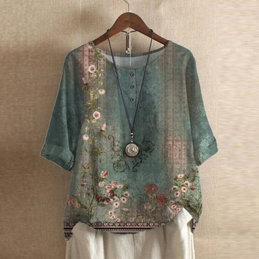 Women's vintage floral short-sleeve blouse - front