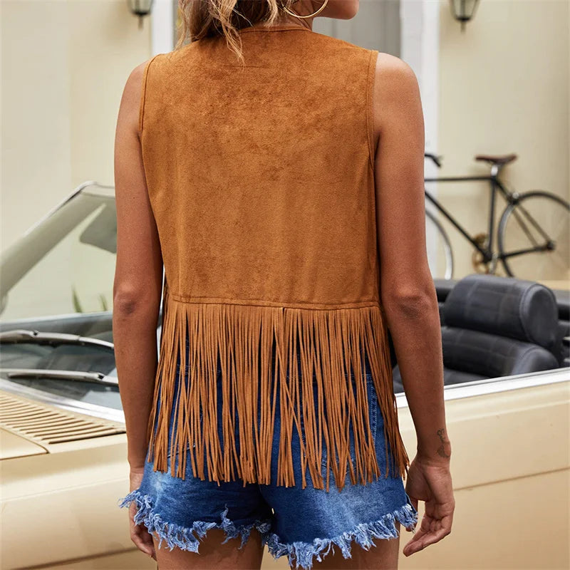 Women's open-front fringe vest - back