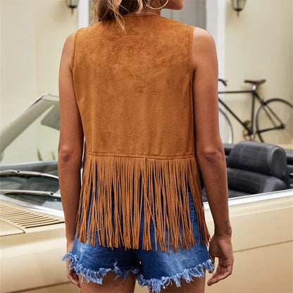 Women's open-front fringe vest - back