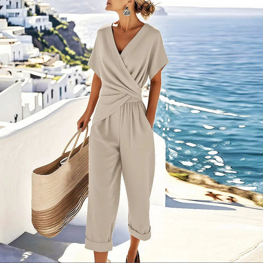 Women's wrap-top and cropped-trousers two-piece set