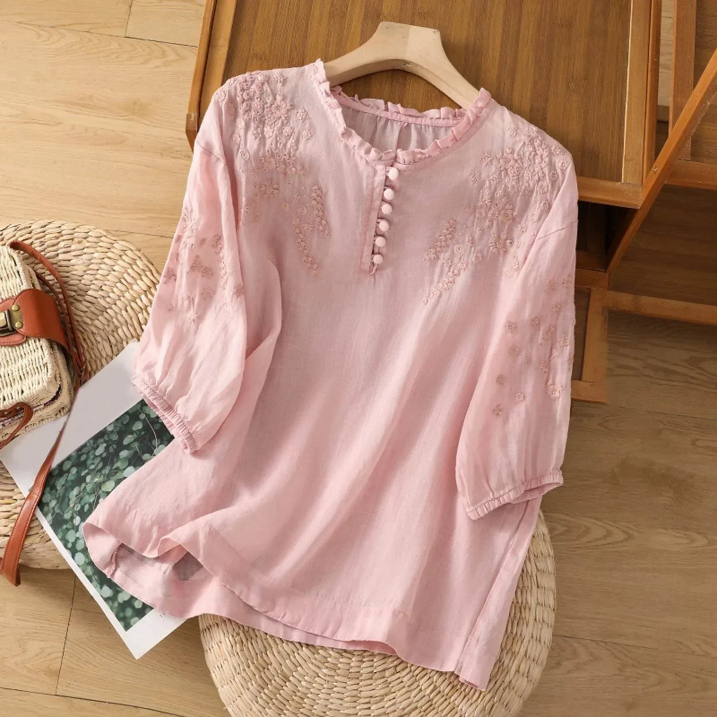 Women's embroidered floral button-front blouse