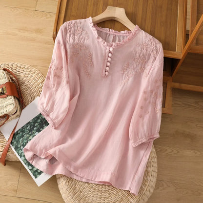 Women's embroidered floral button-front blouse