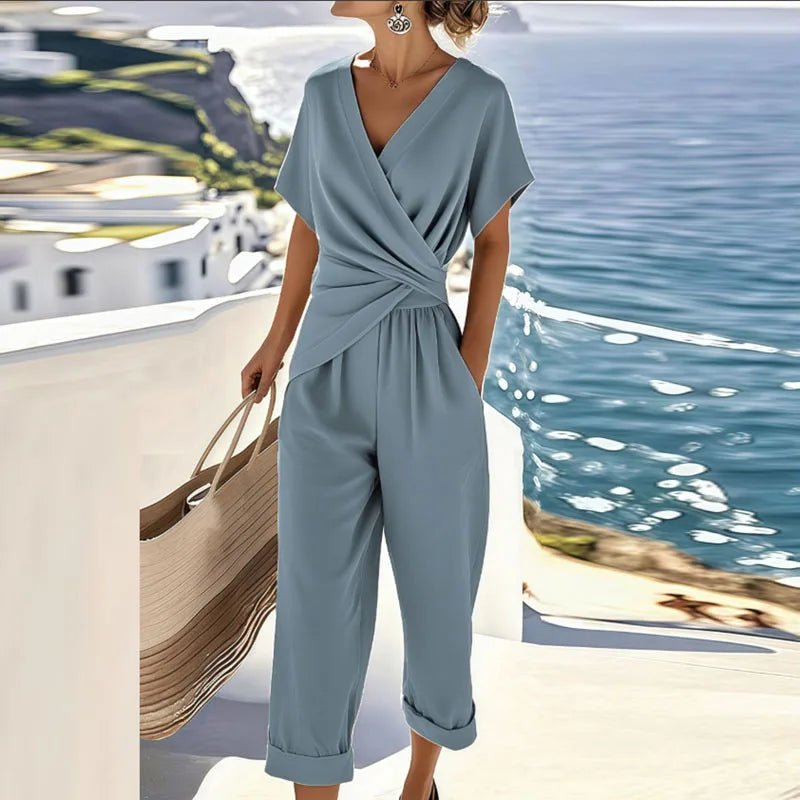Women's wrap-top and cropped-trousers two-piece set