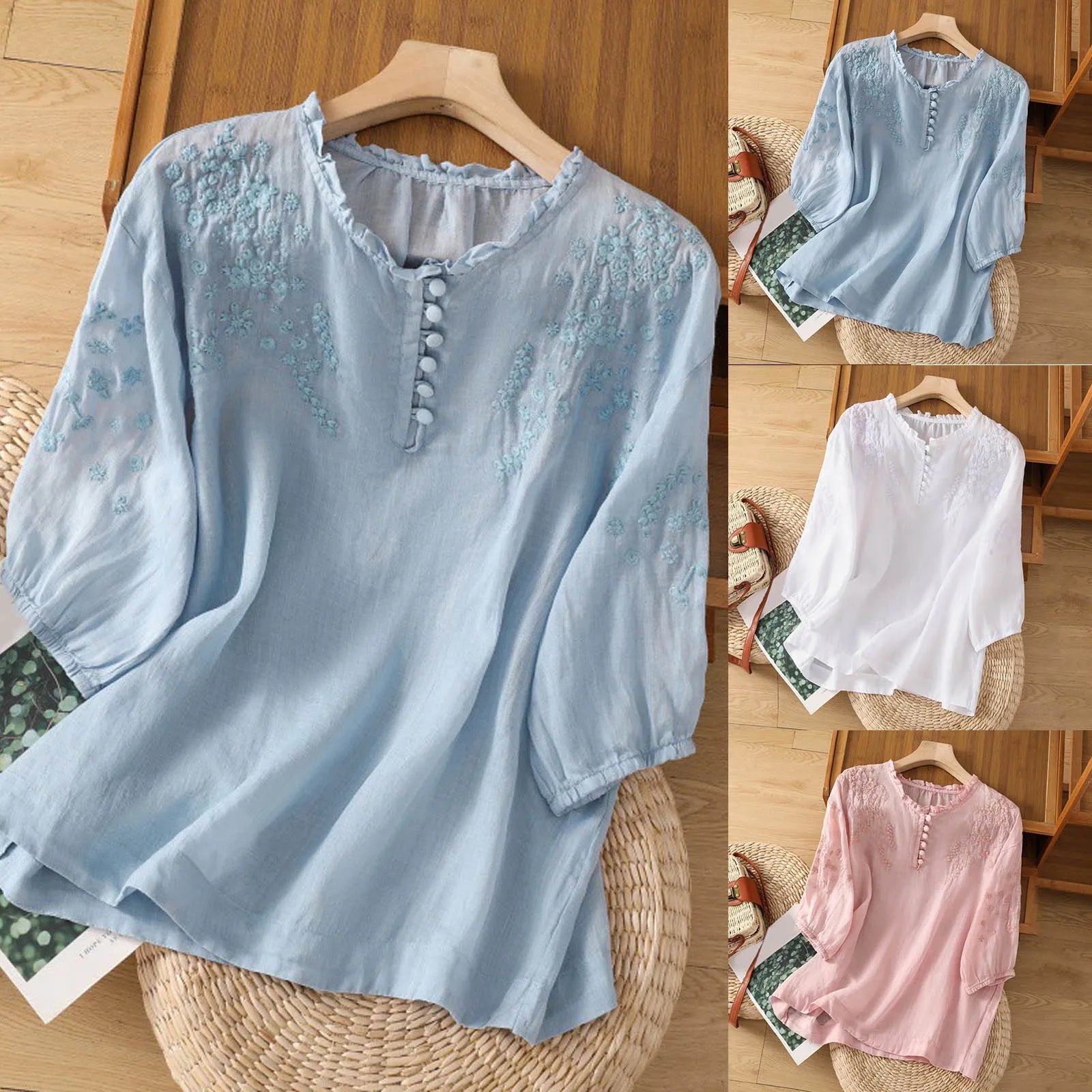 Women's embroidered floral button-front blouse