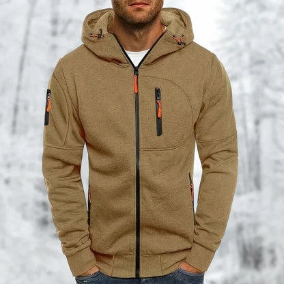 Men's khaki casual hooded zip-up jacket