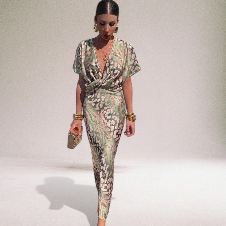 Women's satin wrap maxi dress with twisted V-neckline