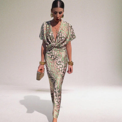 Women's satin wrap maxi dress with twisted V-neckline