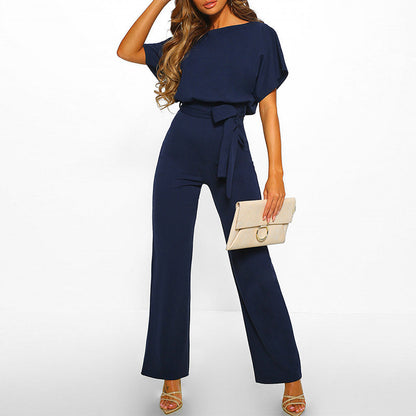 Women's belted wide-leg elegant jumpsuit