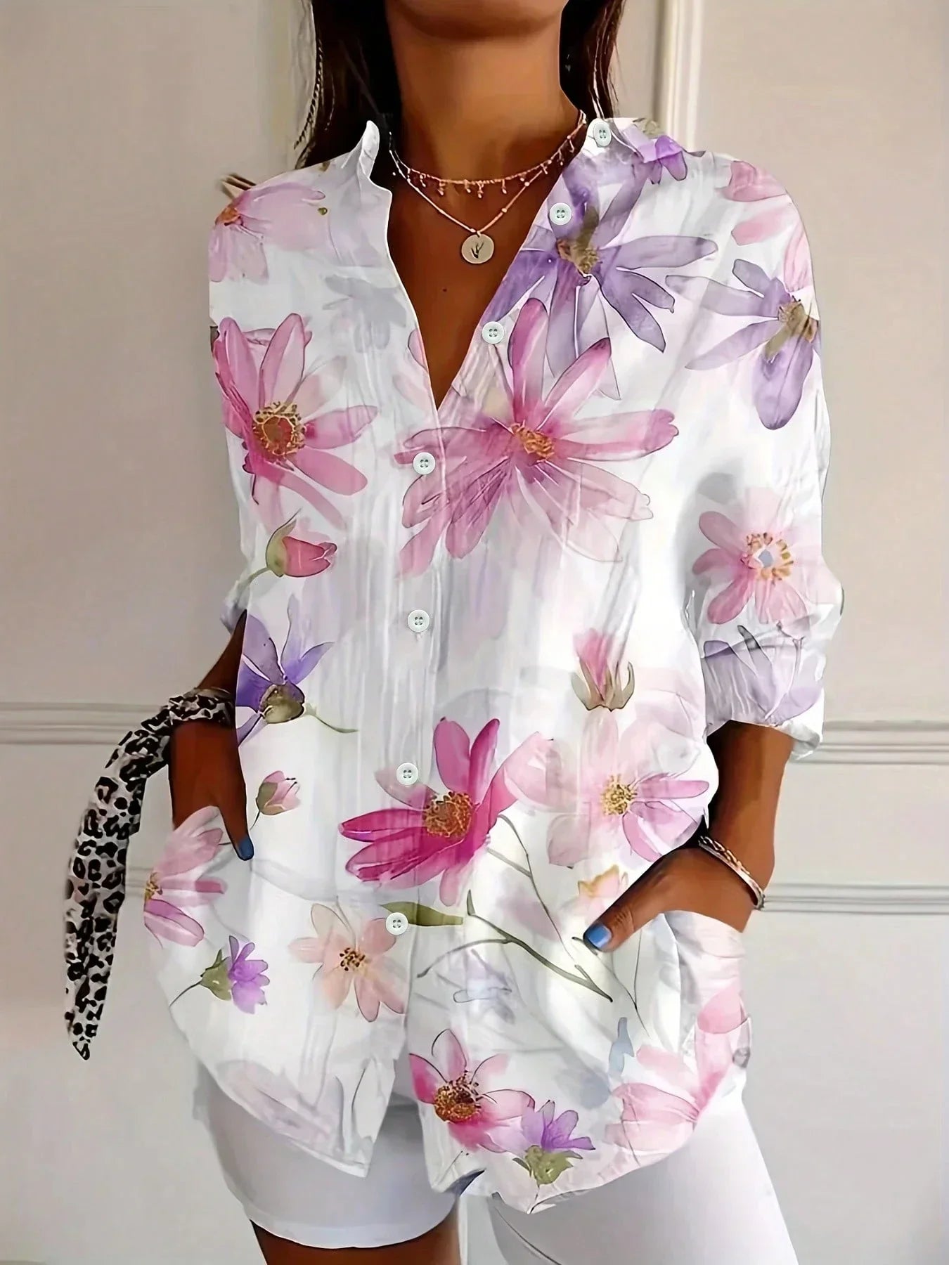 Women's abstract print long-sleeve blouse