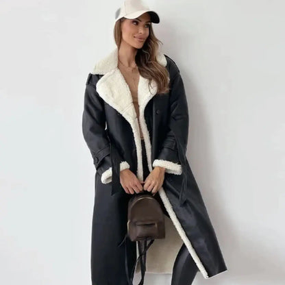 Women's long fleece-lined teddy collar coat - front