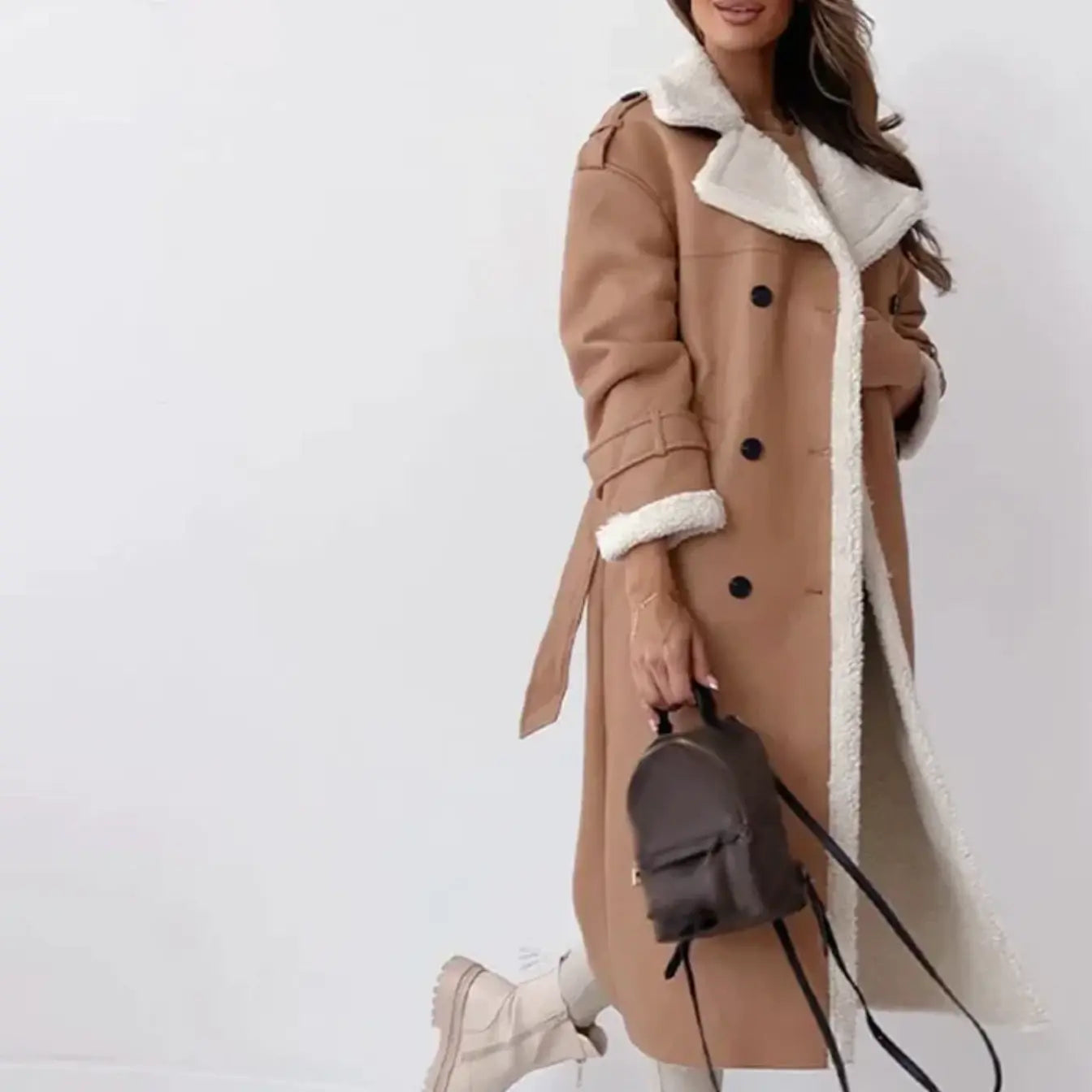 Women's warm fleece-lined long coat - back