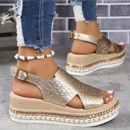 Elegant Leather Sandals for Women, Metallic Comfort Sandals with Arch Support