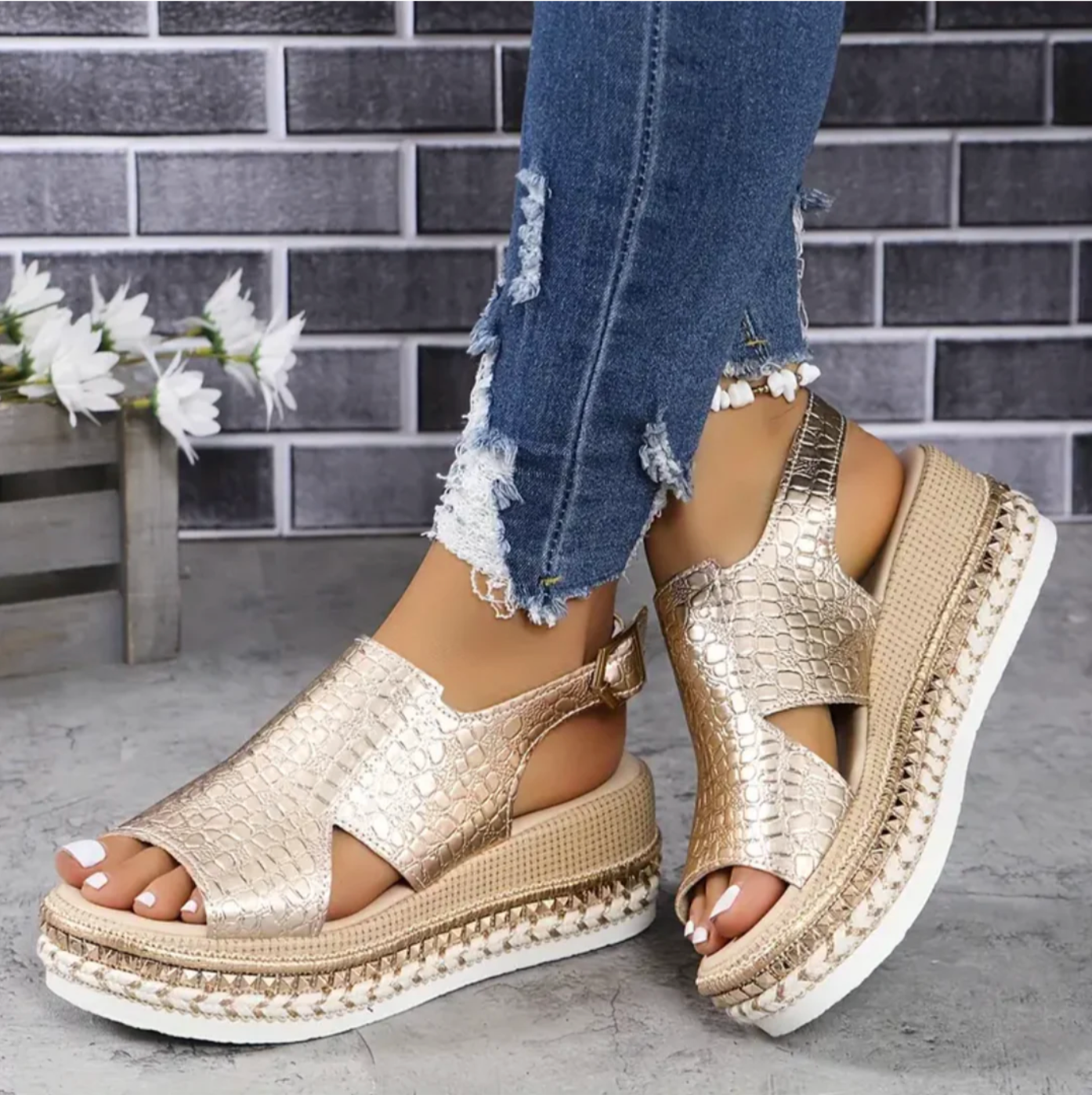 Elegant Leather Sandals for Women, Metallic Comfort Sandals with Arch Support