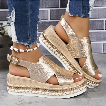 Elegant Leather Sandals for Women, Metallic Comfort Sandals with Arch Support