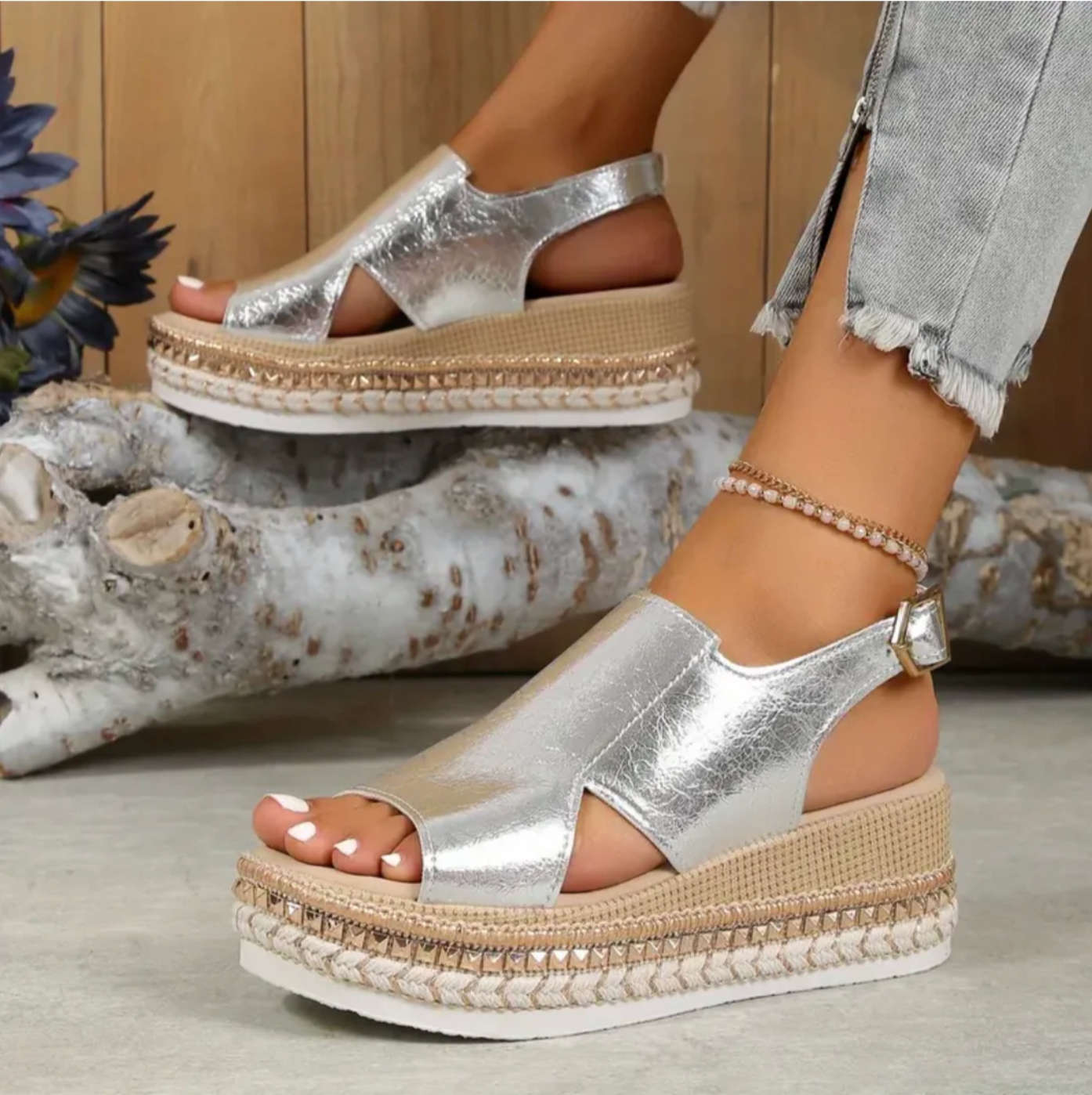 Elegant Leather Sandals for Women, Metallic Comfort Sandals with Arch Support