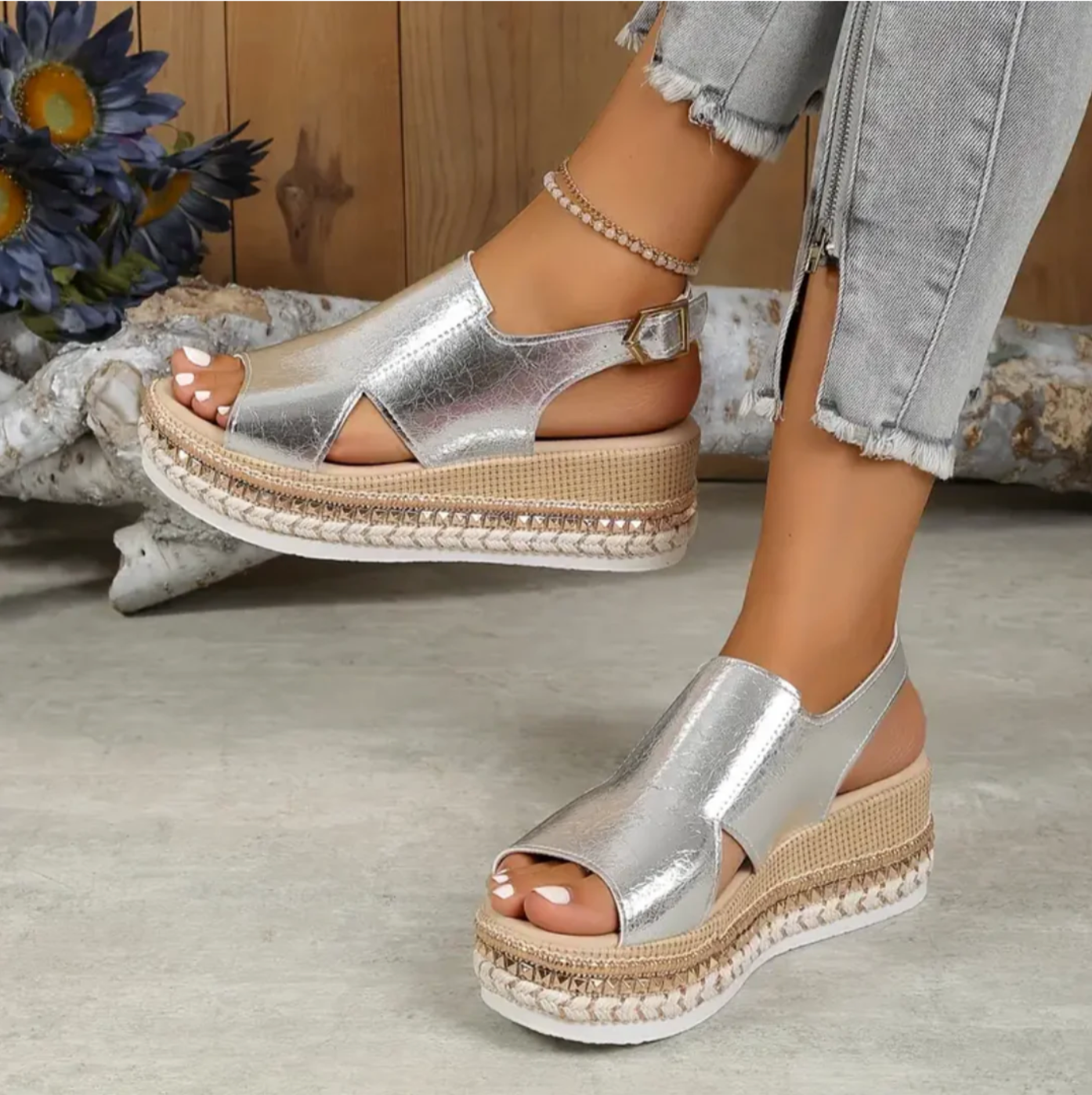 Elegant Leather Sandals for Women, Metallic Comfort Sandals with Arch Support