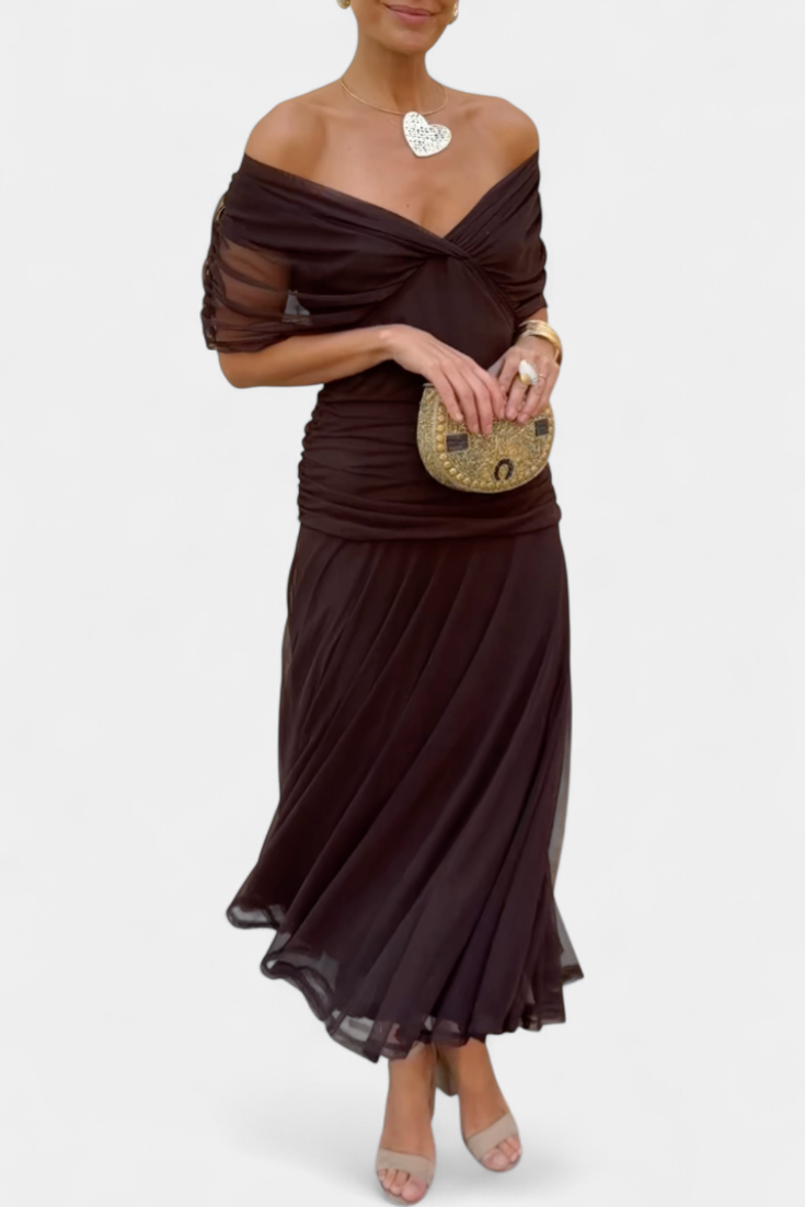 Ruched Maxi Dress – Elegant V-Neck Flowing Dress