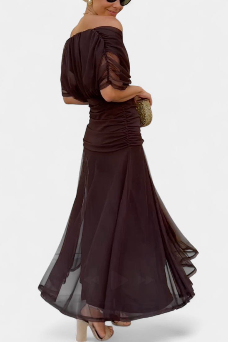 Ruched Maxi Dress – Elegant V-Neck Flowing Dress