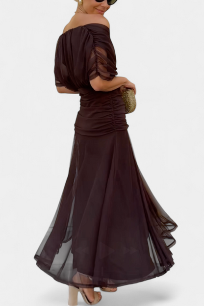Ruched Maxi Dress – Elegant V-Neck Flowing Dress
