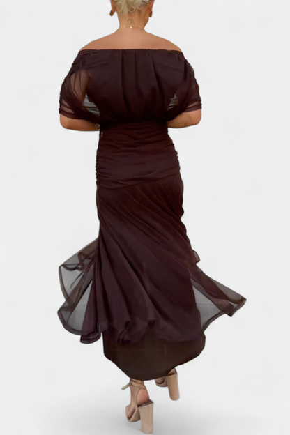 Ruched Maxi Dress – Elegant V-Neck Flowing Dress