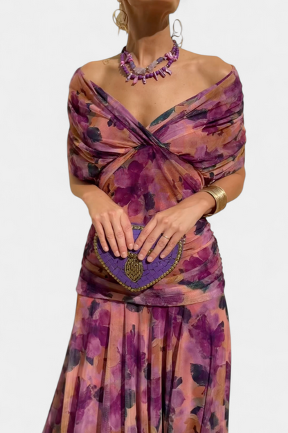 Ruched Maxi Dress – Elegant V-Neck Flowing Dress
