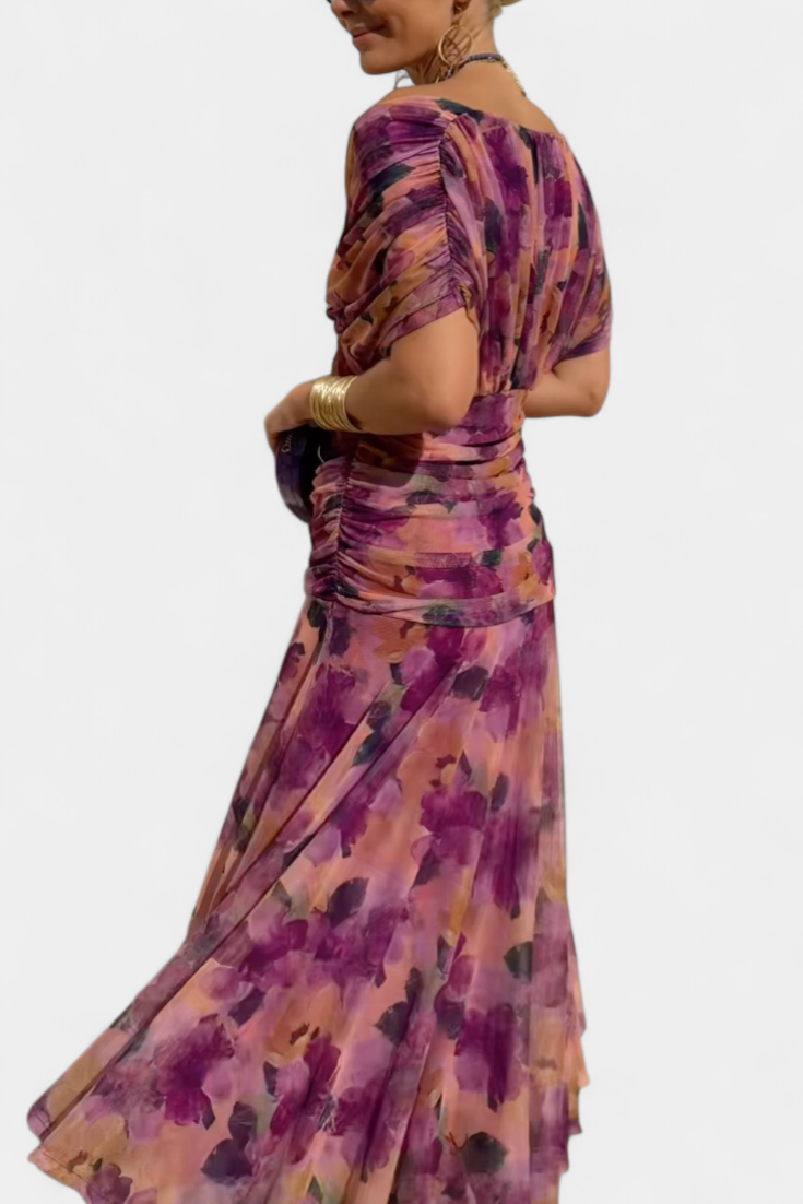 Ruched Maxi Dress – Elegant V-Neck Flowing Dress
