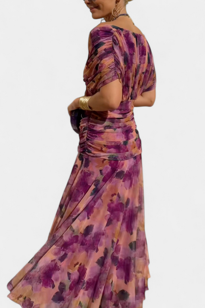 Ruched Maxi Dress – Elegant V-Neck Flowing Dress