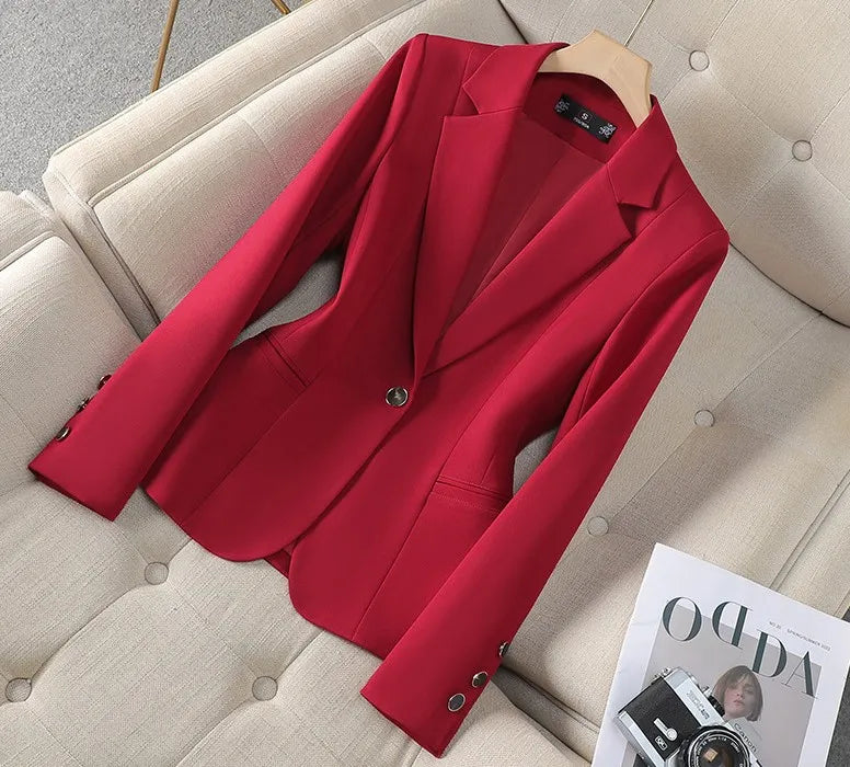 Women's one-button tailored blazer with lapel collar