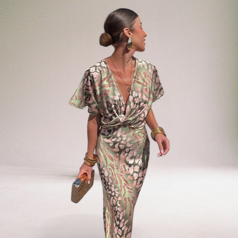 Women's satin wrap maxi dress with twisted V-neckline