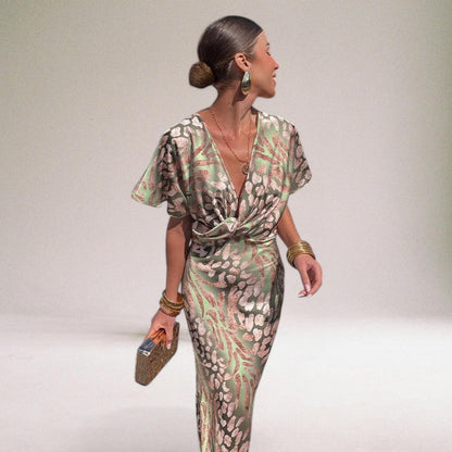 Women's satin wrap maxi dress with twisted V-neckline