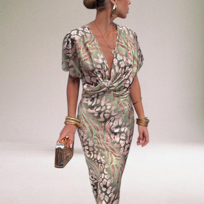 Women's satin wrap maxi dress with twisted V-neckline