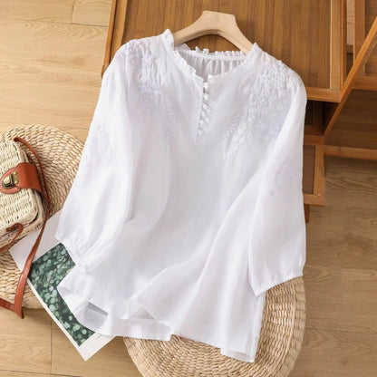 Women's embroidered floral button-front blouse