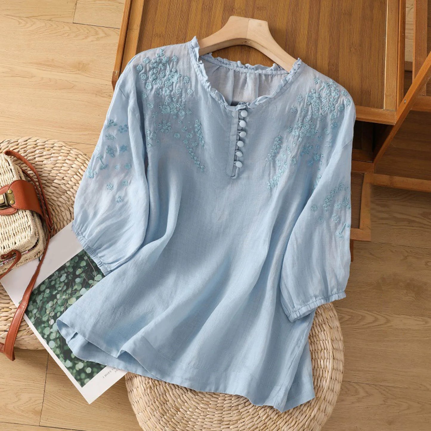 Women's embroidered floral button-front blouse