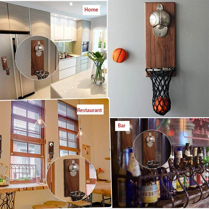 Basketball net wooden wall bottle opener with cap catcher