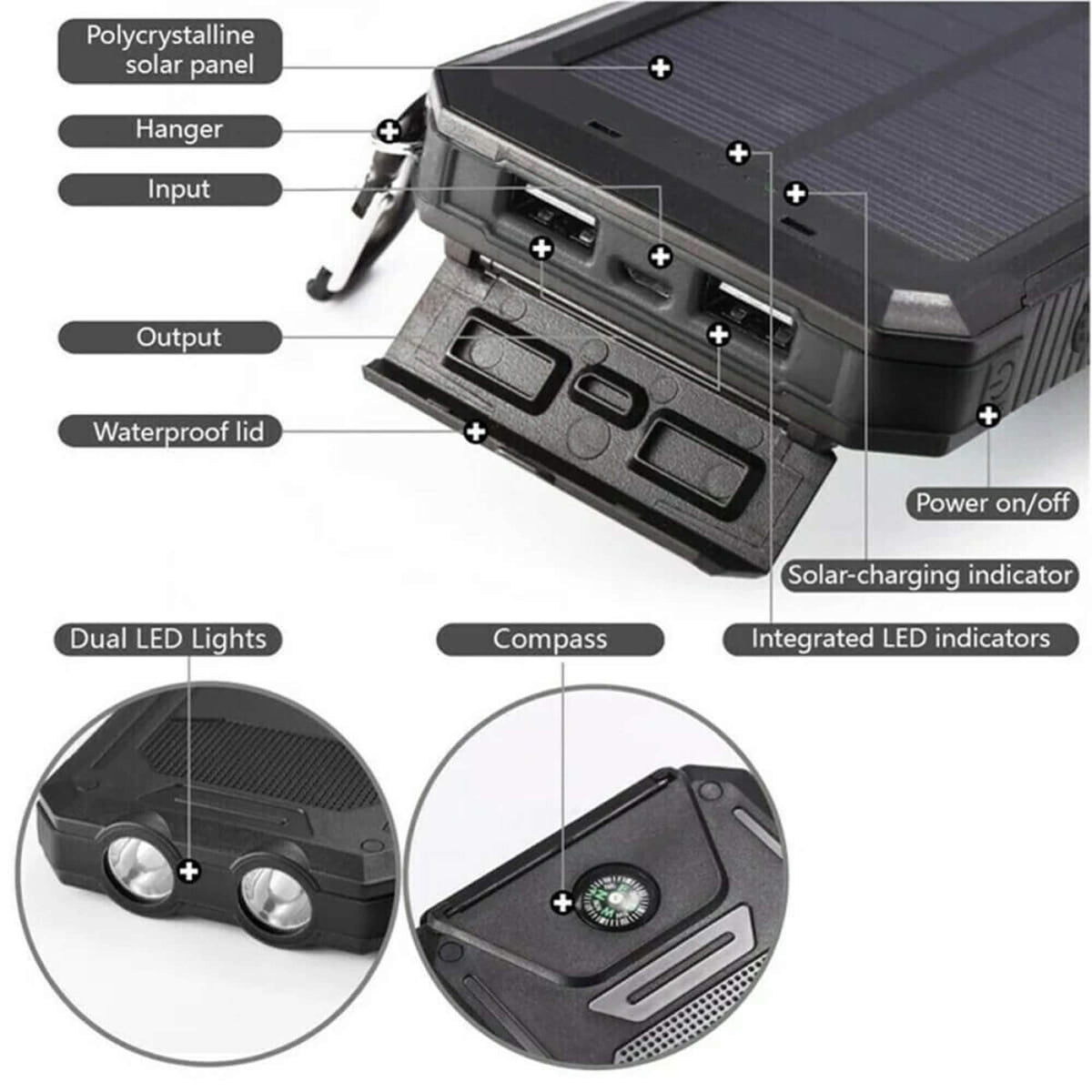 20000mAh solar power bank with LED torch