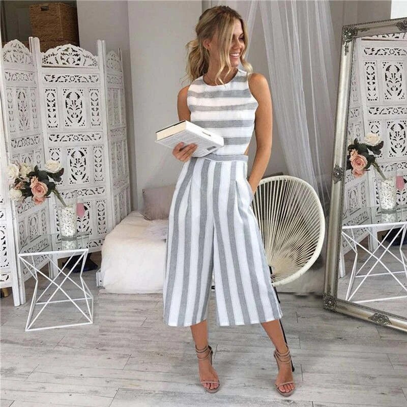 Women's striped sleeveless jumpsuit - front