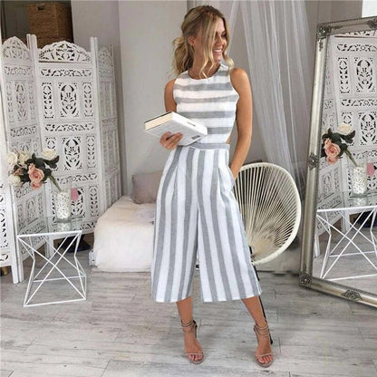 Women's striped sleeveless jumpsuit - front