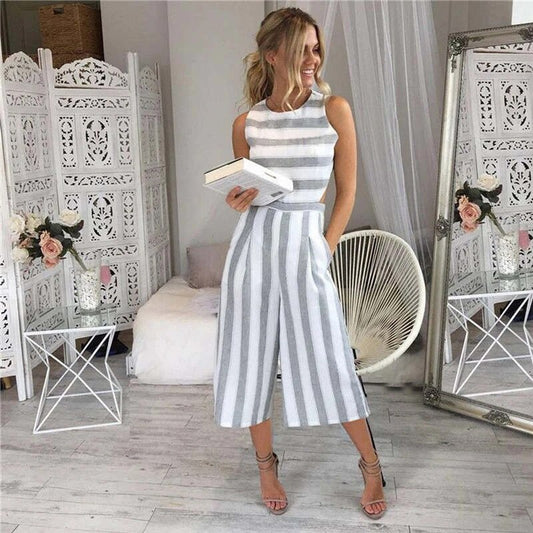 Women's striped sleeveless jumpsuit - front