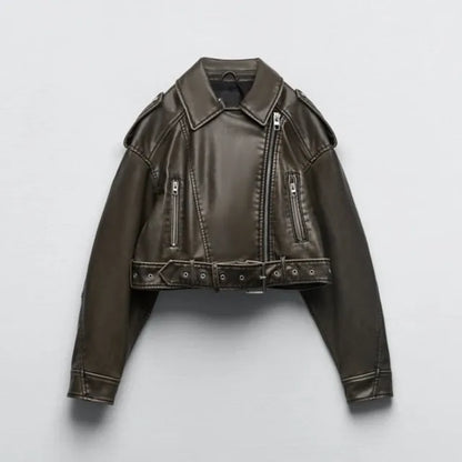 Women's short faux leather biker jacket - front