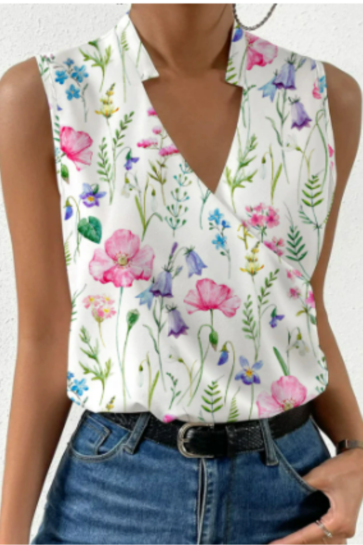 Women's sleeveless V-neck blouse with wrap front and floral print