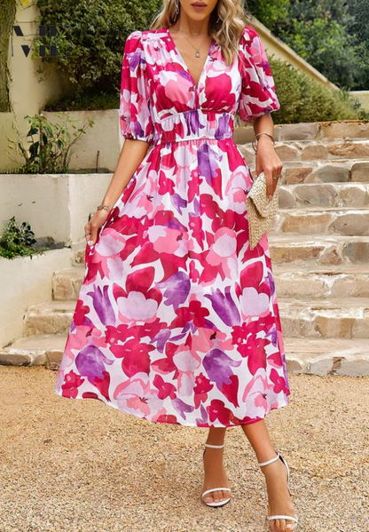 Women's Floral Dress – Short-Sleeve Maxi Dress