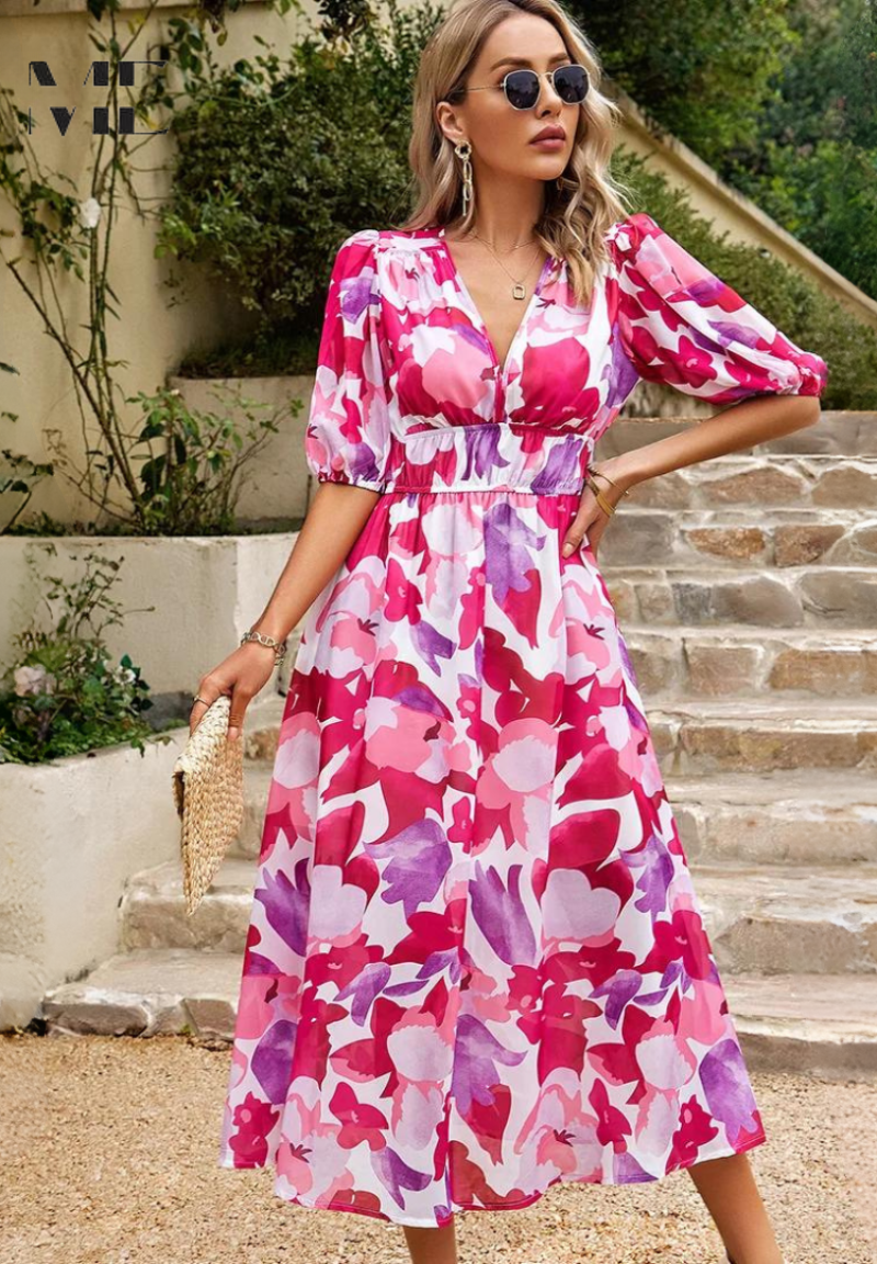 Women's floral short-sleeve maxi dress