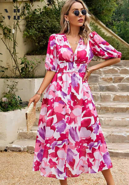 Women's floral short-sleeve maxi dress