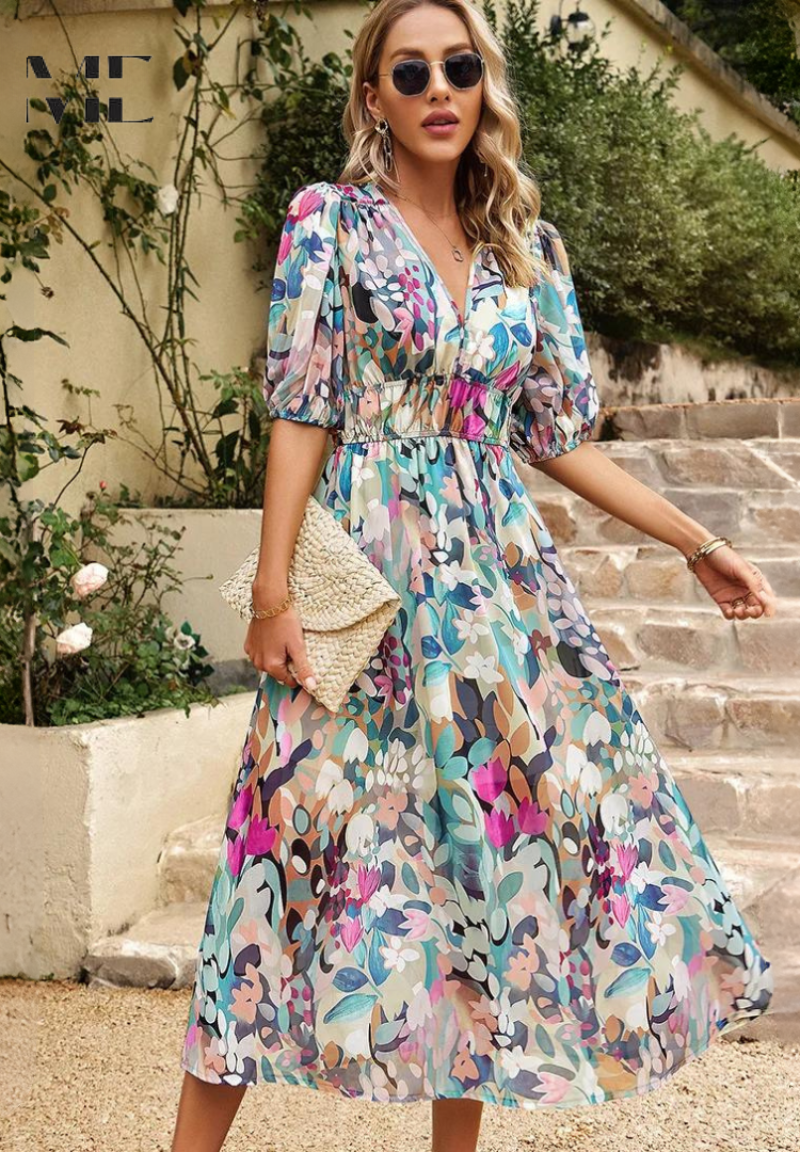 Women's floral short-sleeve maxi dress