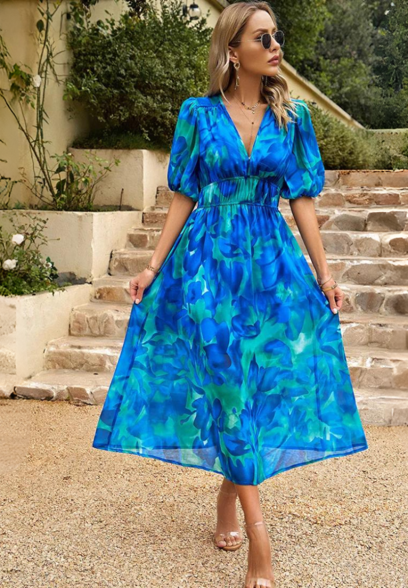 Women's floral short-sleeve maxi dress