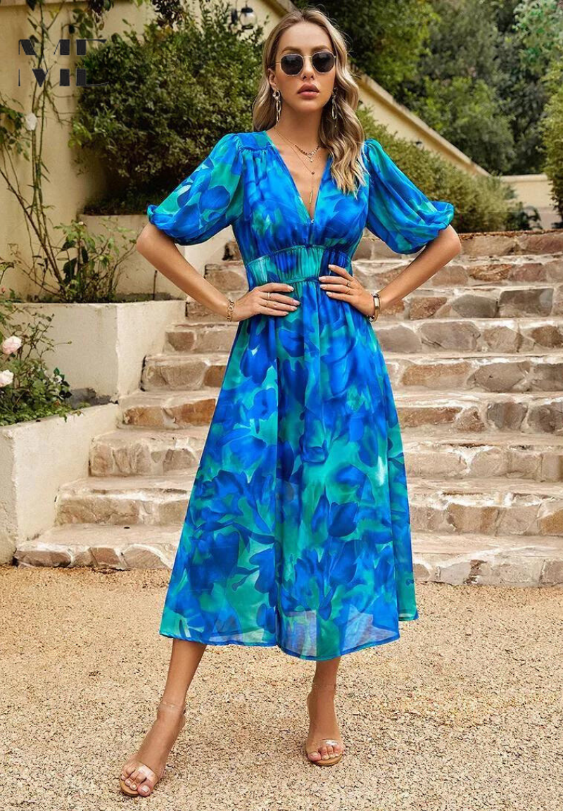 Women's floral short-sleeve maxi dress