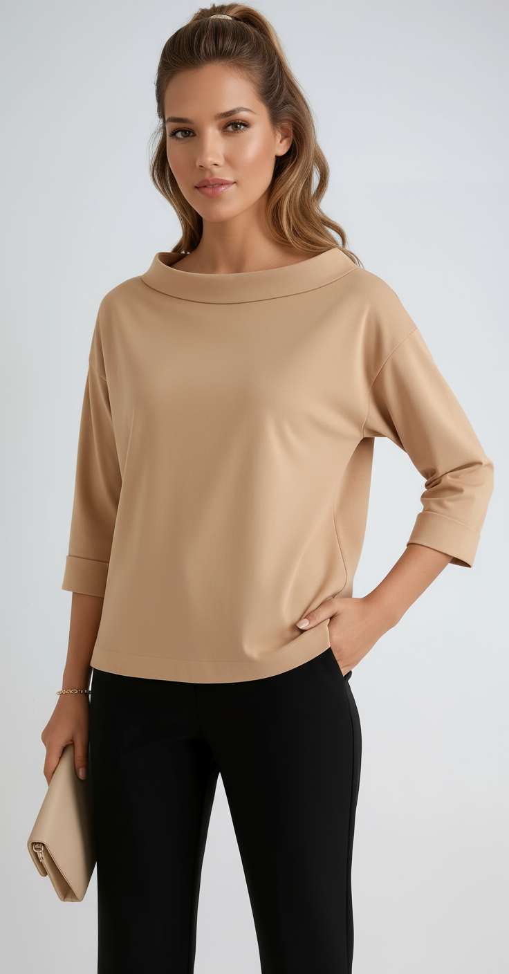 Women's cotton boat neck top with relaxed 3/4 sleeves
