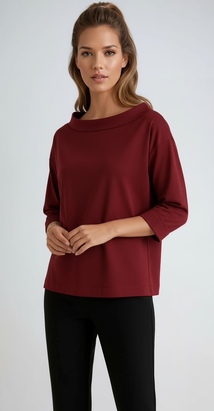 Women's cotton boat neck top with relaxed 3/4 sleeves