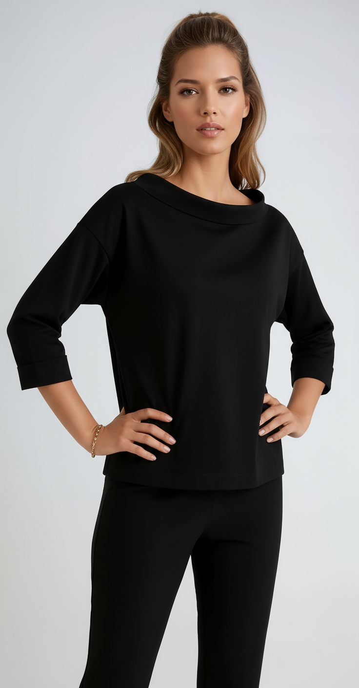 Women's cotton boat neck top with relaxed 3/4 sleeves