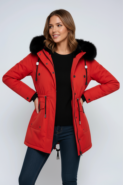 Women's parka coat with a faux fur hood and cinched waist for winter